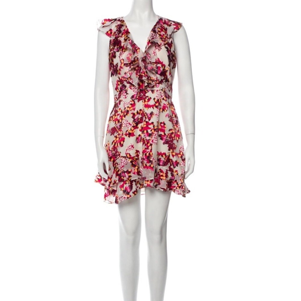 New Abstract Printed V-Neck Flounce Silk Short Dress from SALONI Women's Size 4